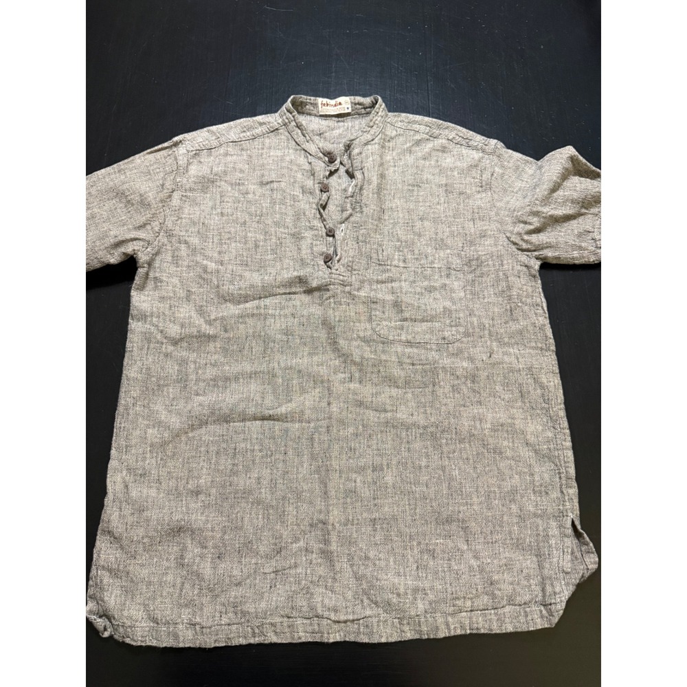 Fabindia Mens Cotton Kurta Shirt Gray Band Collar Short Sleeve Henley Size 44